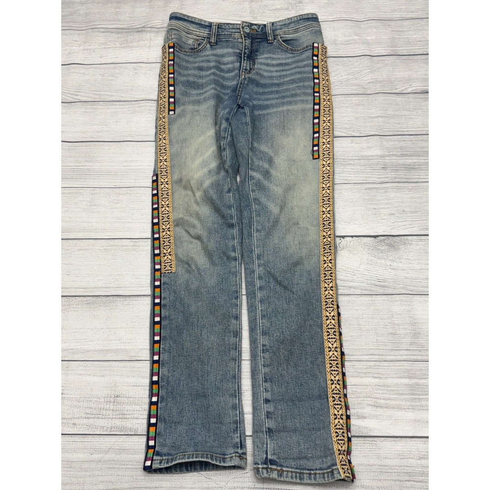 Pilcro Anthropologie Boyfriend Crop Jeans 27 Blue Embellished Boho Slim Fit - Picture 2 of 13